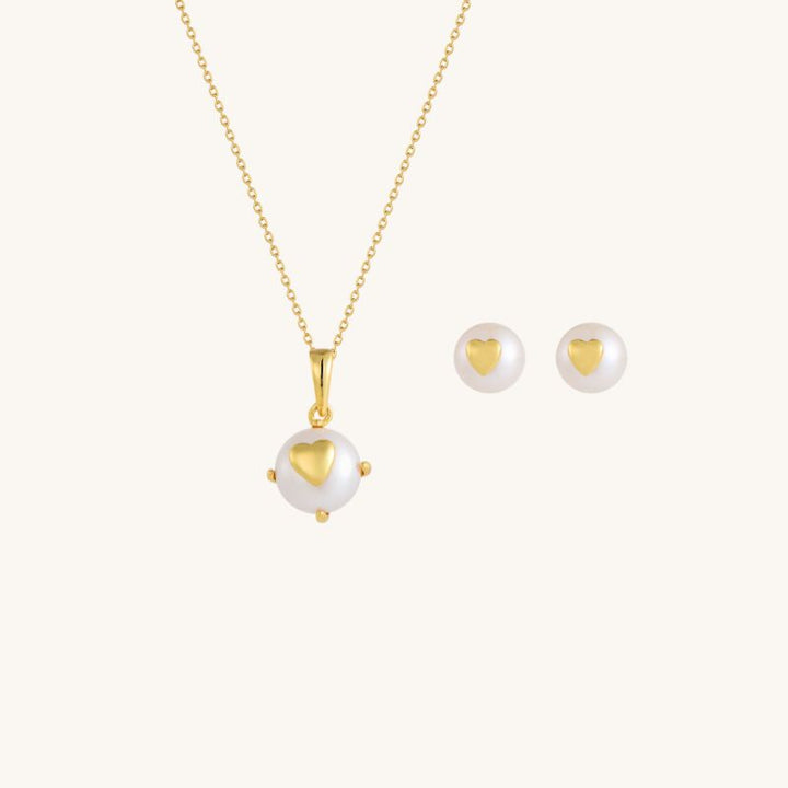 Gold Dainty Heart Freshwater Pearl Necklace and Earrings Set