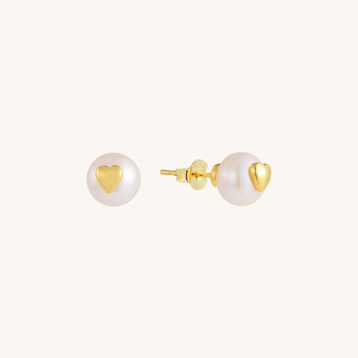 Gold Dainty Heart Freshwater Pearl Stud Earrings