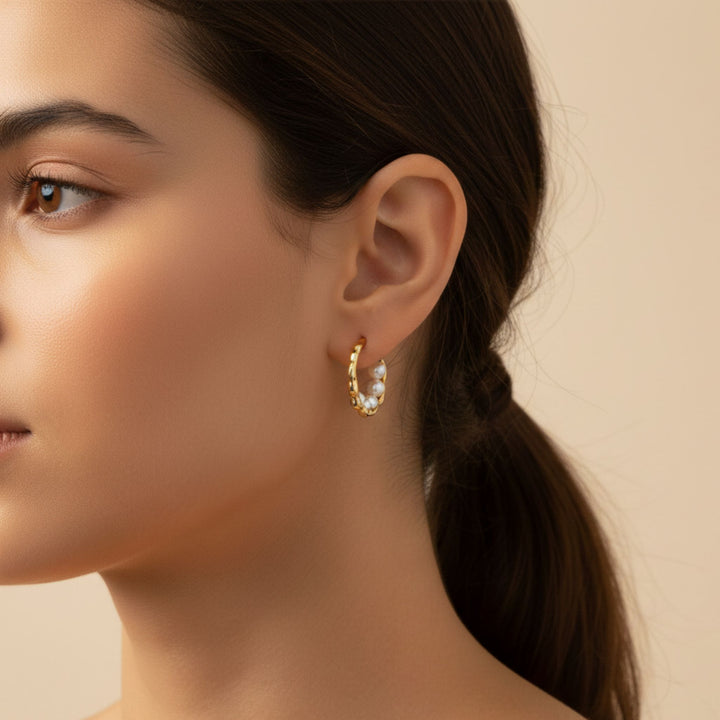 Pea Pod Pearl Hoop Gold Earrings