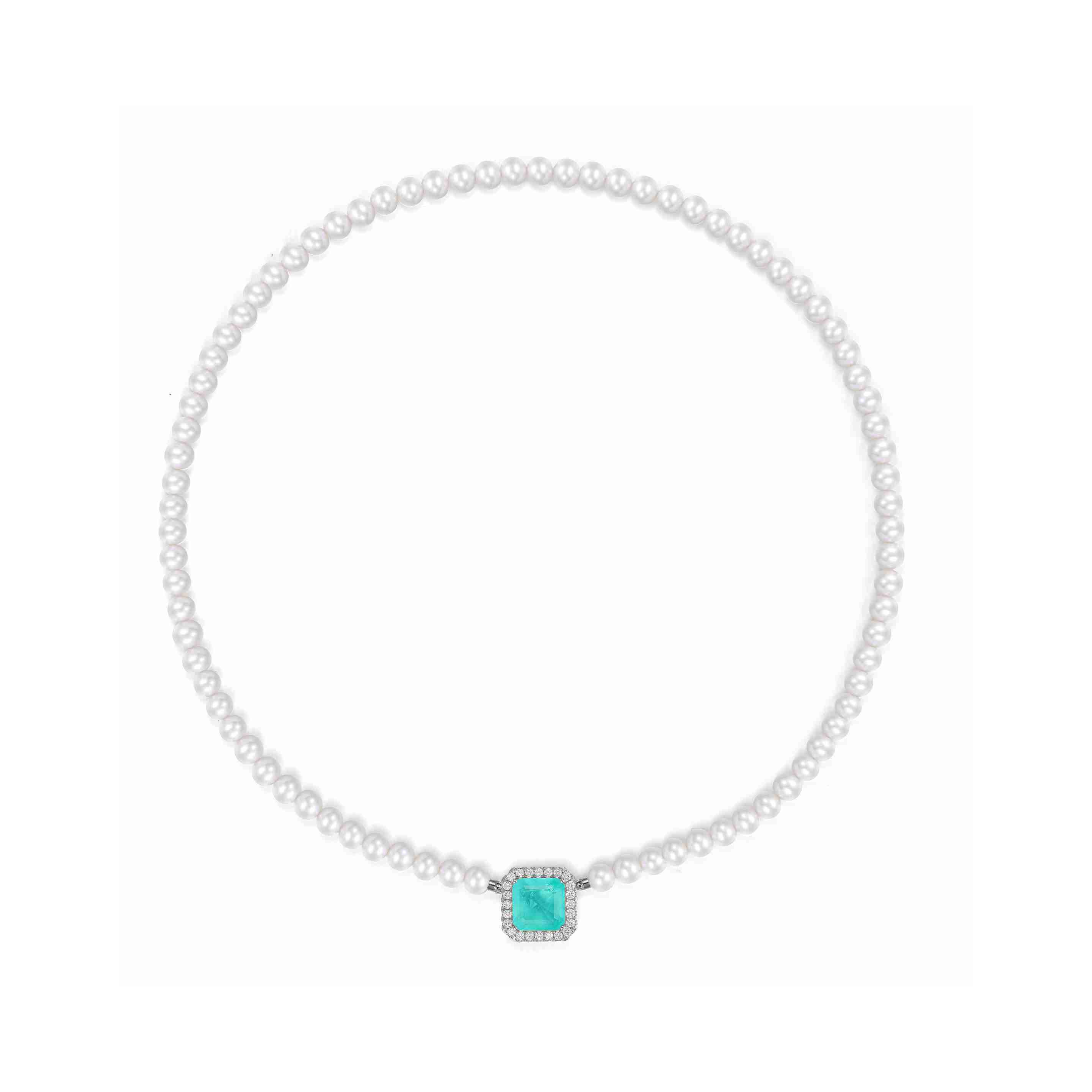 Freshwater Pearl Necklace with Paraiba Tourmaline and Moissanite
