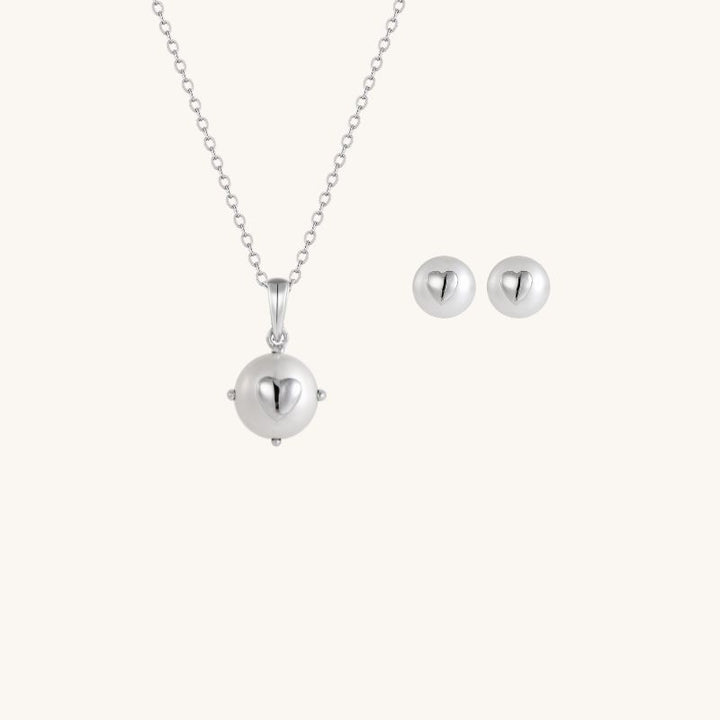 Silver Dainty Heart Freshwater Pearl Necklace and Earring Set