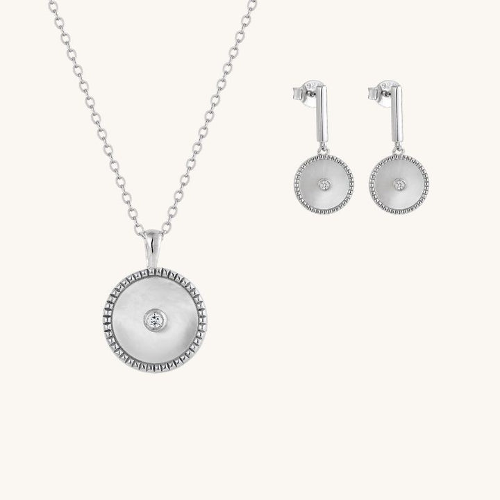 Halo Mother of Pearl Dangling Earring and Necklace Set