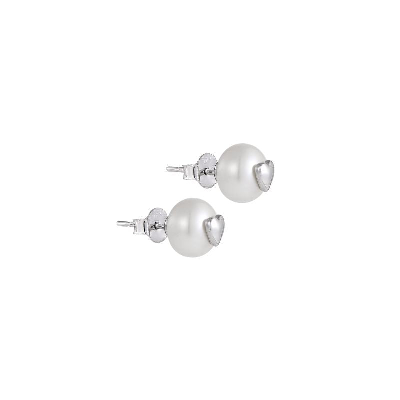 Silver Dainty Heart Freshwater Pearl Stud Earrings