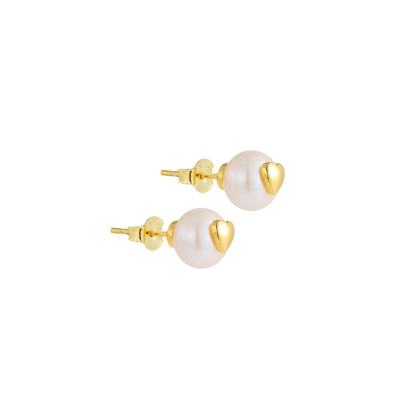 Gold Dainty Heart Freshwater Pearl Stud Earrings