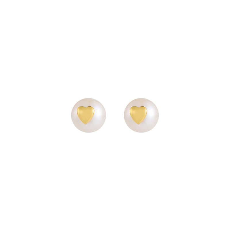 Gold Dainty Heart Freshwater Pearl Stud Earrings