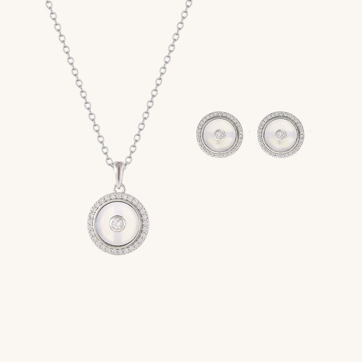 Halo Mother of Pearl Stud Earrings and Necklace Set