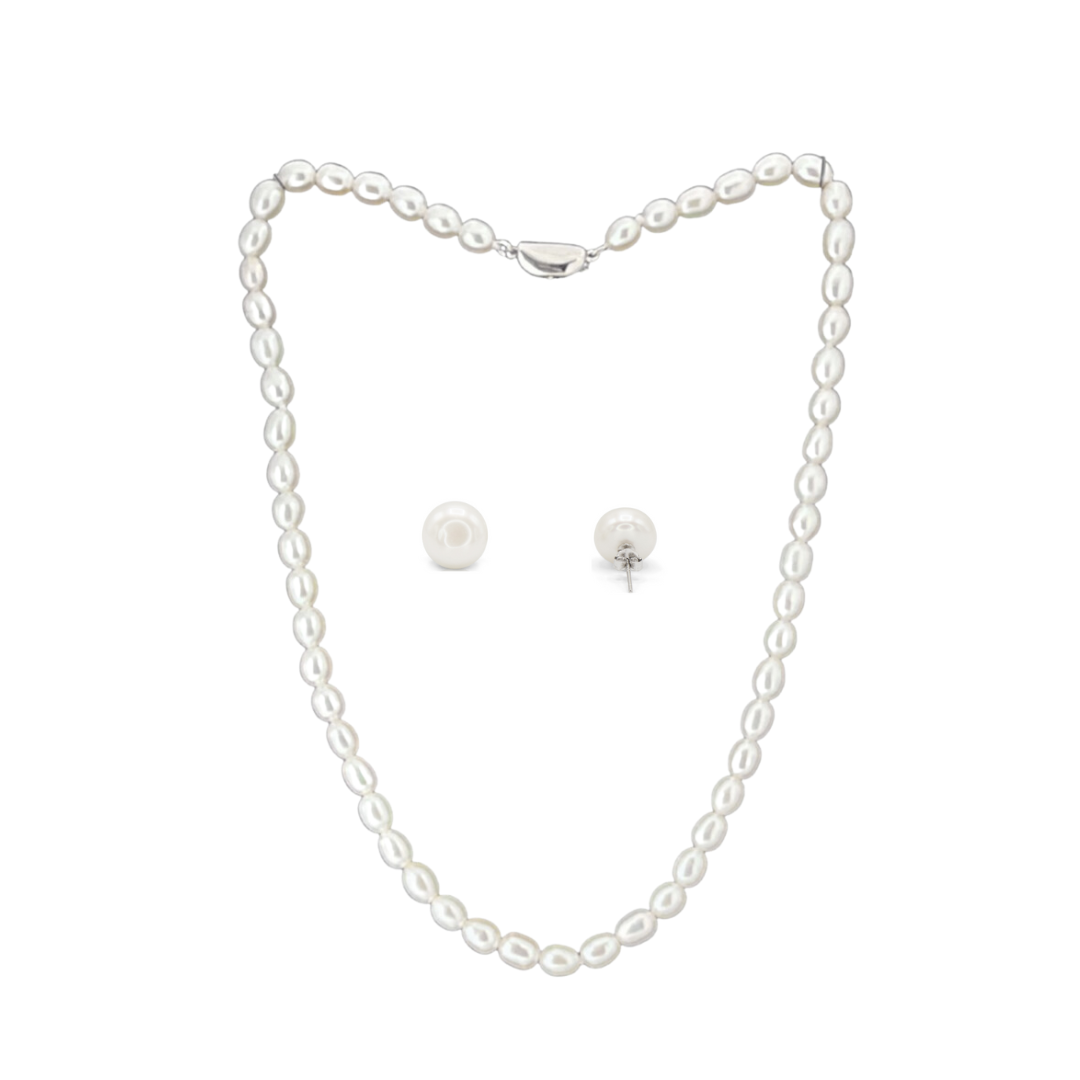 Freshwater Rice Pearl Choker Necklace and Earrings in Silver
