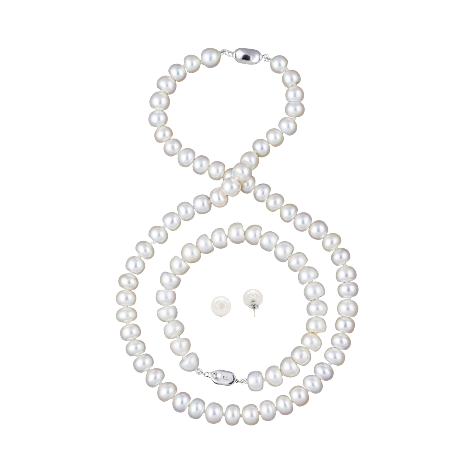 Freshwater Pearl Classic Button Necklace, Bracelet and Earrings Set in Silver