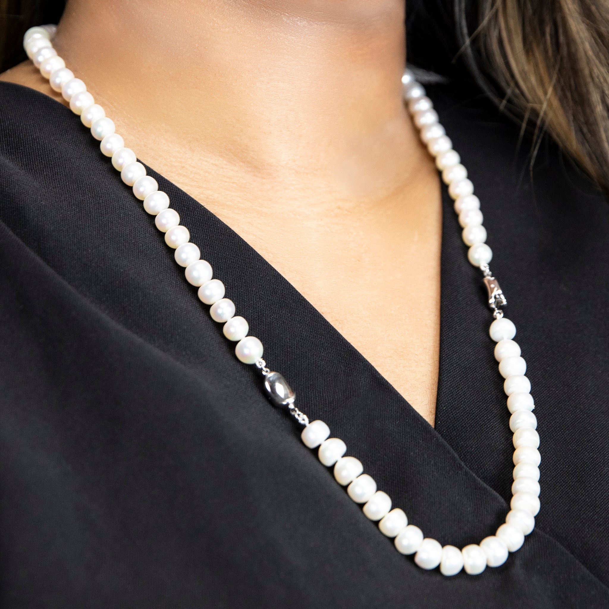 Freshwater Pearl Classic Button Necklace and Bracelet Set in Silver - L'Amour Pearls
