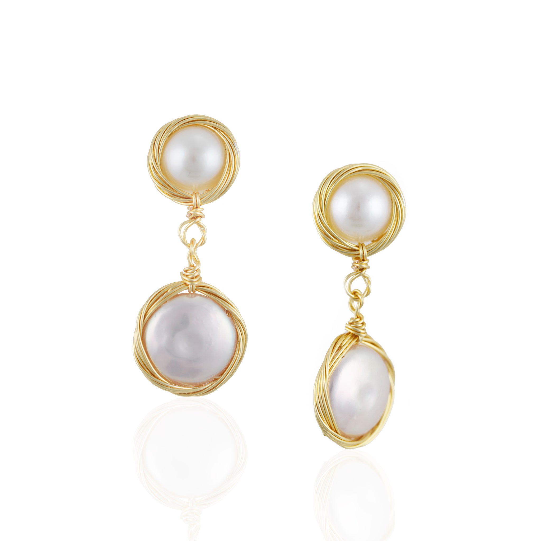 Double Freshwater Pearl Drop Earrings Nested in Woven 14K Gold - L'Amour Pearls