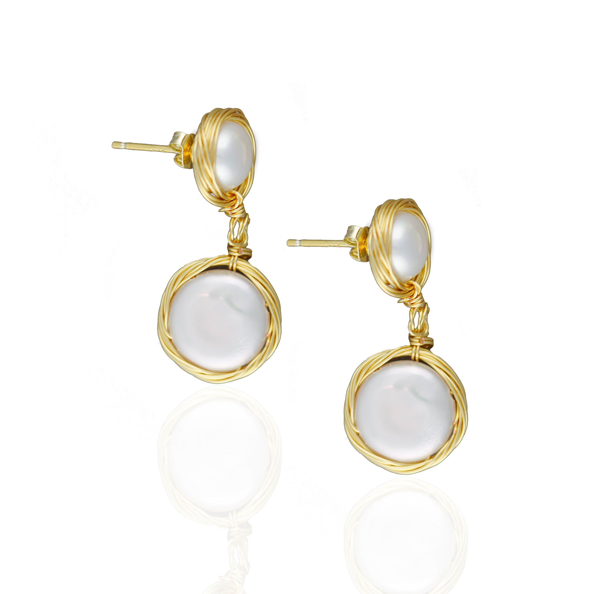 Double Freshwater Pearl Drop Earrings Nested in Woven 14K Gold - L'Amour Pearls