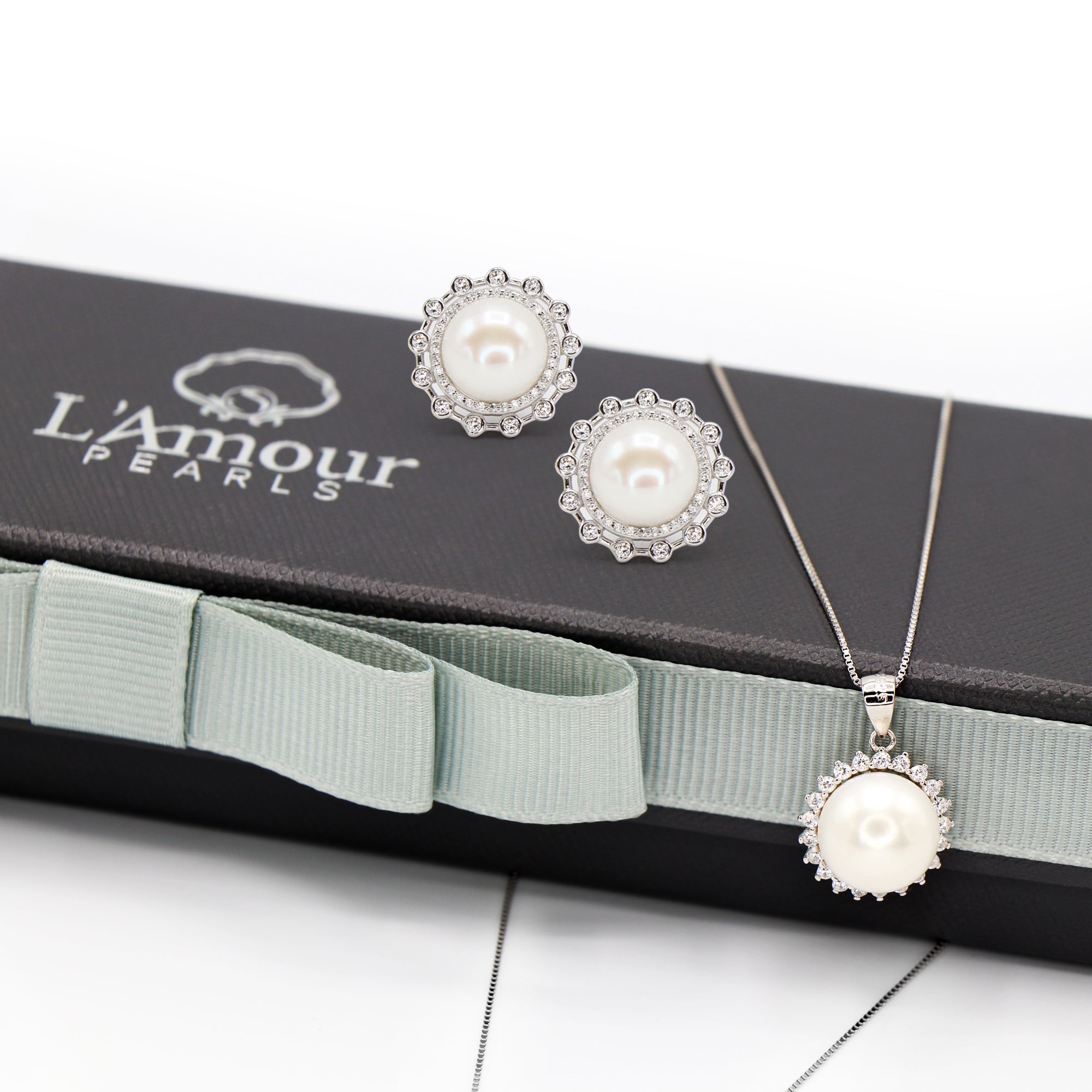 White Freshwater Pearl Halo Pendant with Sterling Silver Chain Necklace and Earring Set - L'Amour Pearls