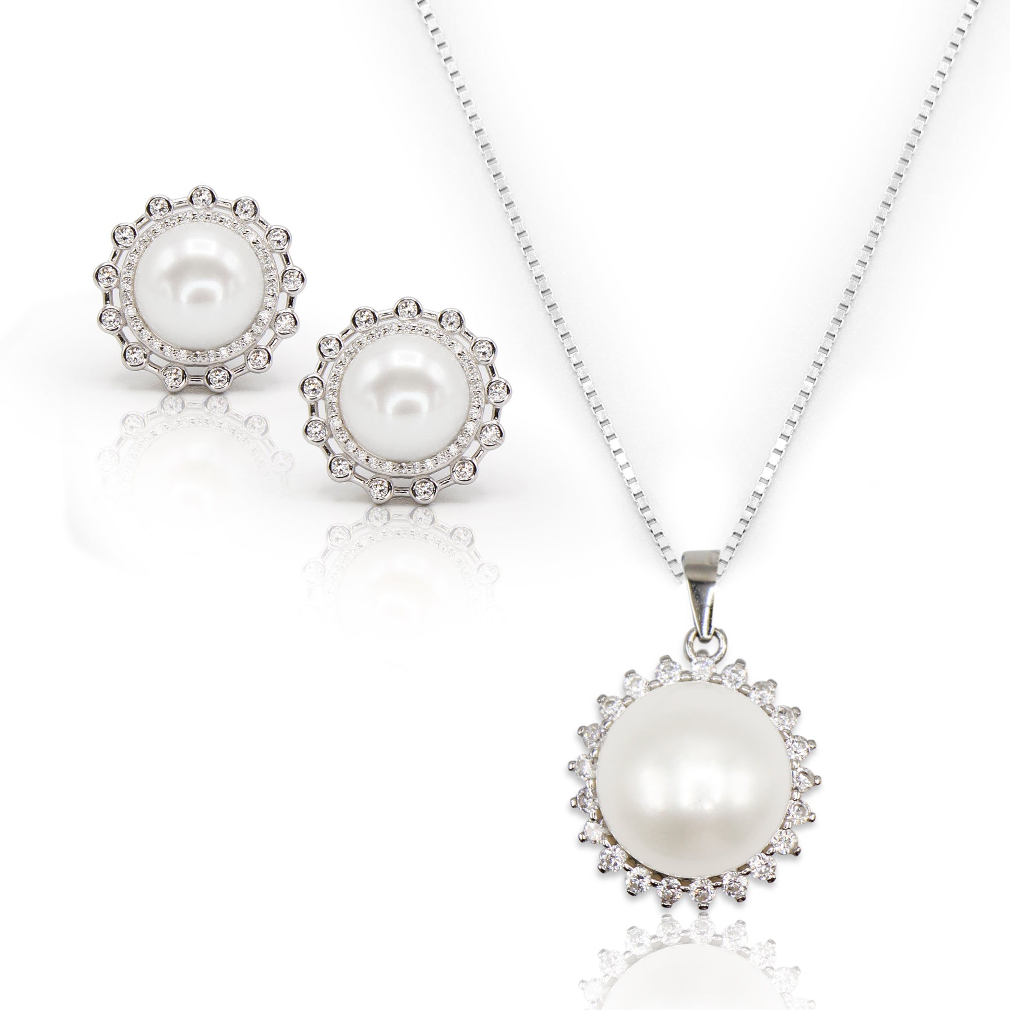 White Freshwater Pearl Halo Pendant with Sterling Silver Chain Necklace and Earring Set - L'Amour Pearls